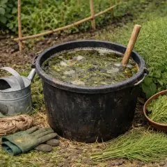 Wielkie wiadro z bulgoczącą gnojówką ze skrzypu, obok konewka, rękawice i miska z gałązkami skrzypu.