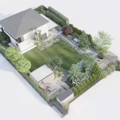 Nowoczesny projekt ogrodu online: dom z garażem, tarasem, pergolą, trawnikiem i bogatą roślinnością.