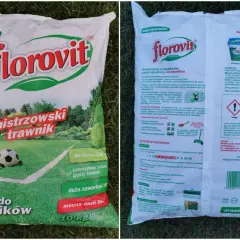 Granulowany nawóz wieloskładnikowy Florovit "Mistrzowski trawnik" do intensywnie zielonego, gęstego trawnika. Opakowanie 10 kg.