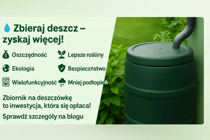 Zielony zbiornik na deszczówkę, obok roślin. Zbieranie wody opadowej to oszczędność, ekologia i mniej podtopień.