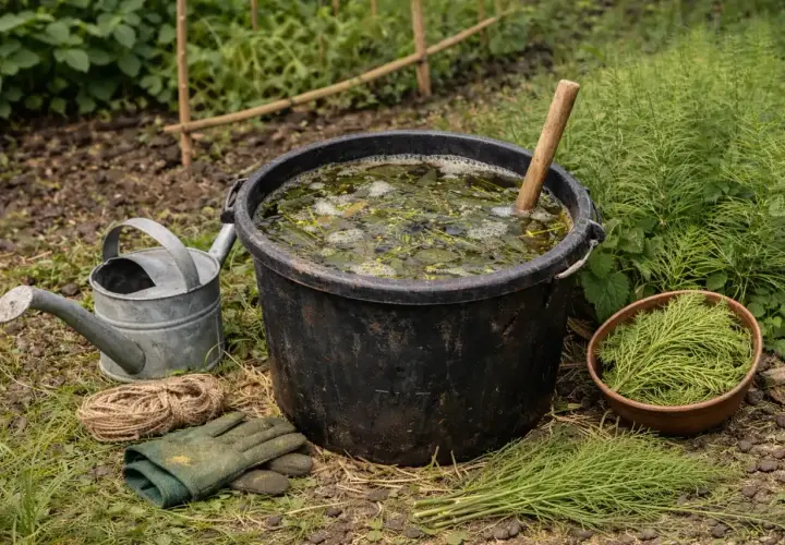 Wielkie wiadro z bulgoczącą gnojówką ze skrzypu, obok konewka, rękawice i miska z gałązkami skrzypu.