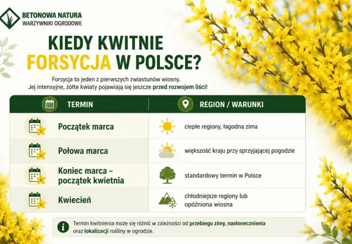 Kiedy kwitnie forsycja w Polsce? Tabela pokazuje terminy kwitnienia forsycji od początku marca do kwietnia, zależnie od regionu i warunków.