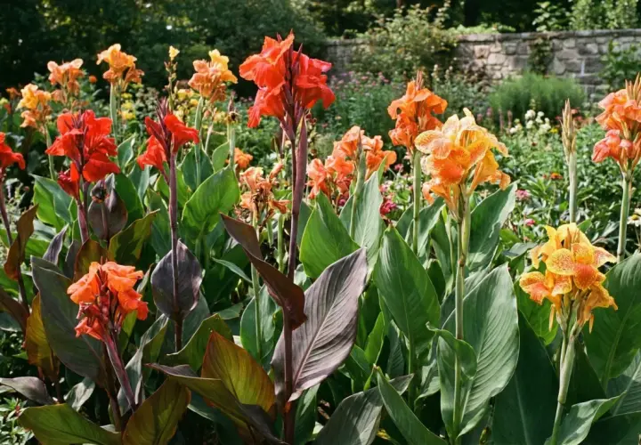 Kwitnące **canna** w odcieniach czerwieni i pomarańczy, z zielonymi liśćmi, na tle kamiennego muru.