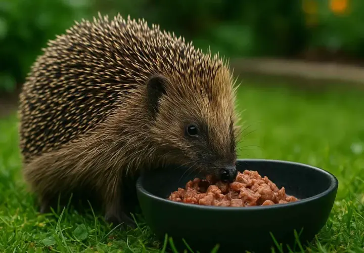 Jeż w ogrodzie zajada mokrą karmę z miseczki. Dowiedz się, czym karmić jeże w ogrodzie, by im pomóc.