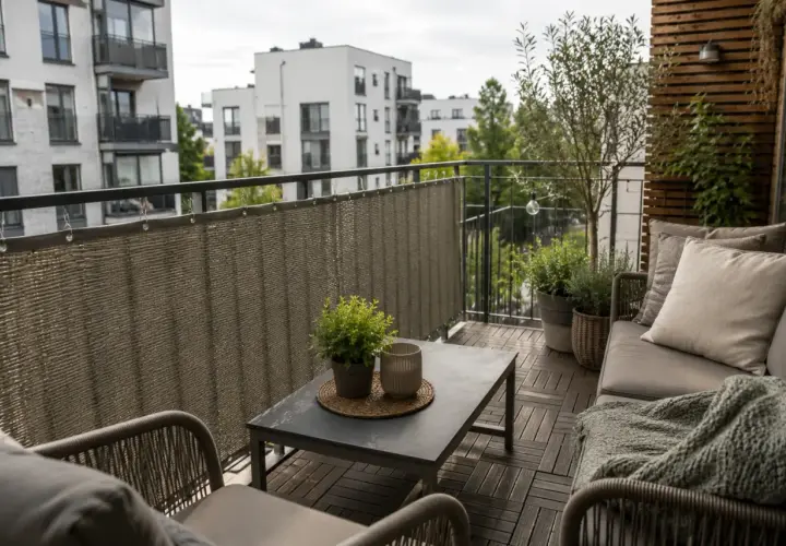 Nowy, przytulny balkon po remoncie. Meble, rośliny i osłona tworzą idealne miejsce do relaksu.