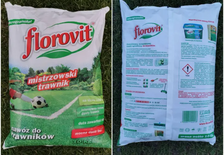 Granulowany nawóz wieloskładnikowy Florovit "Mistrzowski trawnik" do intensywnie zielonego, gęstego trawnika. Opakowanie 10 kg.