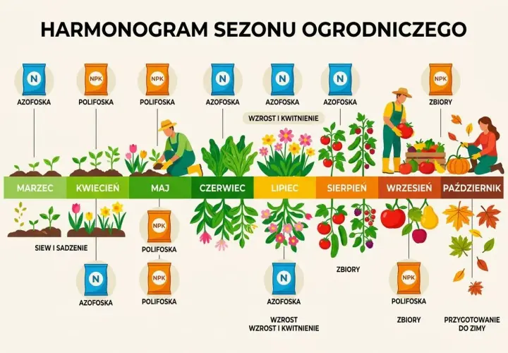 Harmonogram nawożenia: Polifoska idealna do kwitnienia w maju i zbiorów we wrześniu. Azofoska wspiera wzrost od marca.