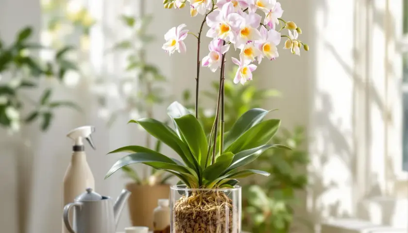 Piękny storczyk Dendrobium Nobile kwitnie, gotowy do domowej uprawy. Obok konewka i nożyczki.