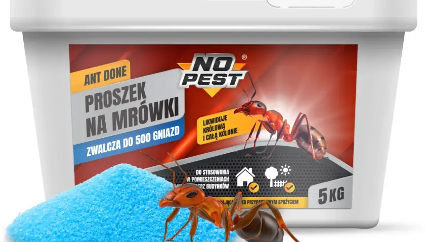 Pułapka na mrówki domowa w proszku, zwalcza królową i całą kolonię. Skuteczny środek na mrówki w opakowaniu 5kg.
