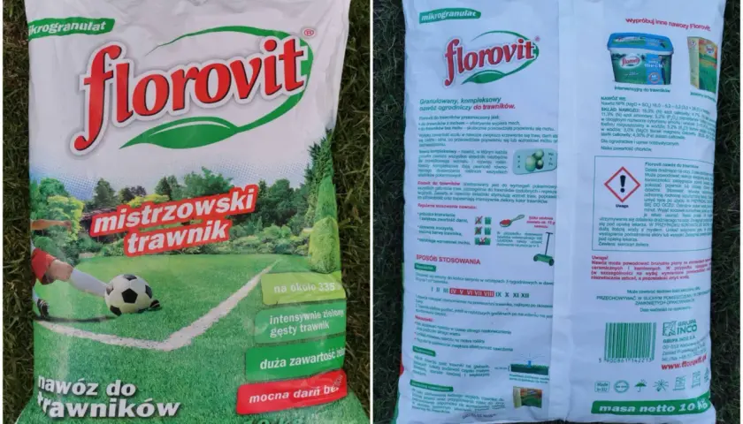 Granulowany nawóz wieloskładnikowy Florovit "Mistrzowski trawnik" do intensywnie zielonego, gęstego trawnika. Opakowanie 10 kg.