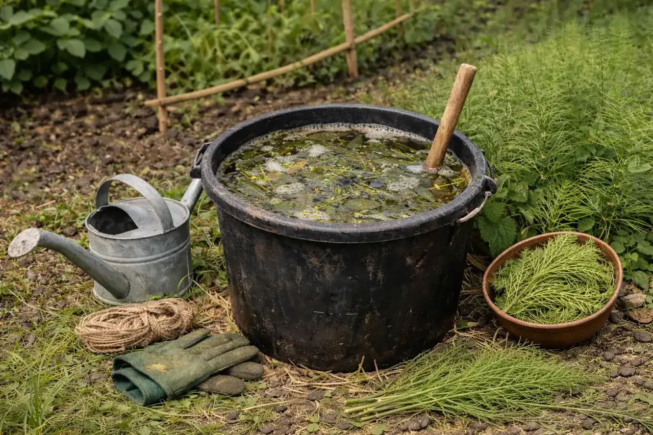 Wielkie wiadro z bulgoczącą gnojówką ze skrzypu, obok konewka, rękawice i miska z gałązkami skrzypu.