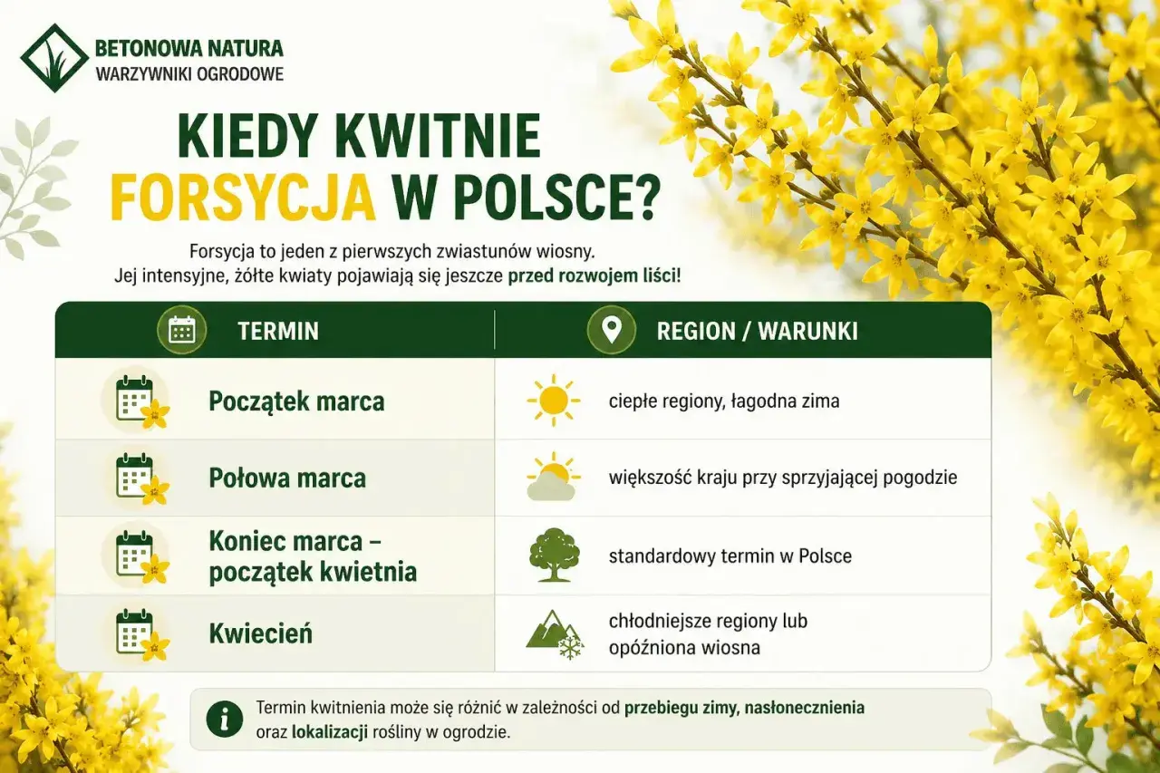 Kiedy kwitnie forsycja w Polsce? Tabela pokazuje terminy kwitnienia forsycji od początku marca do kwietnia, zależnie od regionu i warunków.