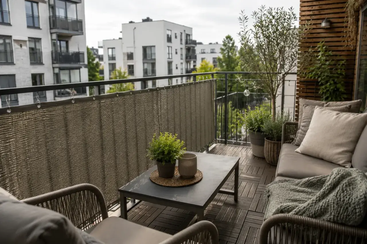 Nowy, przytulny balkon po remoncie. Meble, rośliny i osłona tworzą idealne miejsce do relaksu.