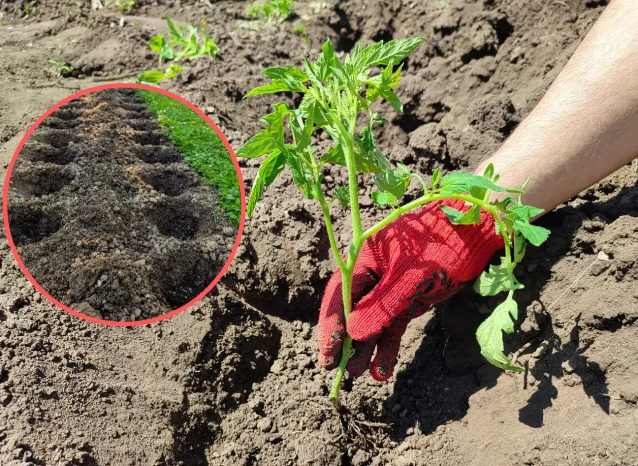 Sadzenie pomidora. Widać przygotowane dołki w ziemi, idealna jaka ziemia do pomidorów zapewni mu wzrost.