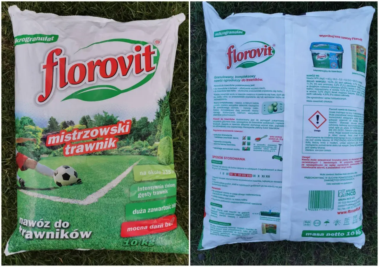 Granulowany nawóz wieloskładnikowy Florovit "Mistrzowski trawnik" do intensywnie zielonego, gęstego trawnika. Opakowanie 10 kg.