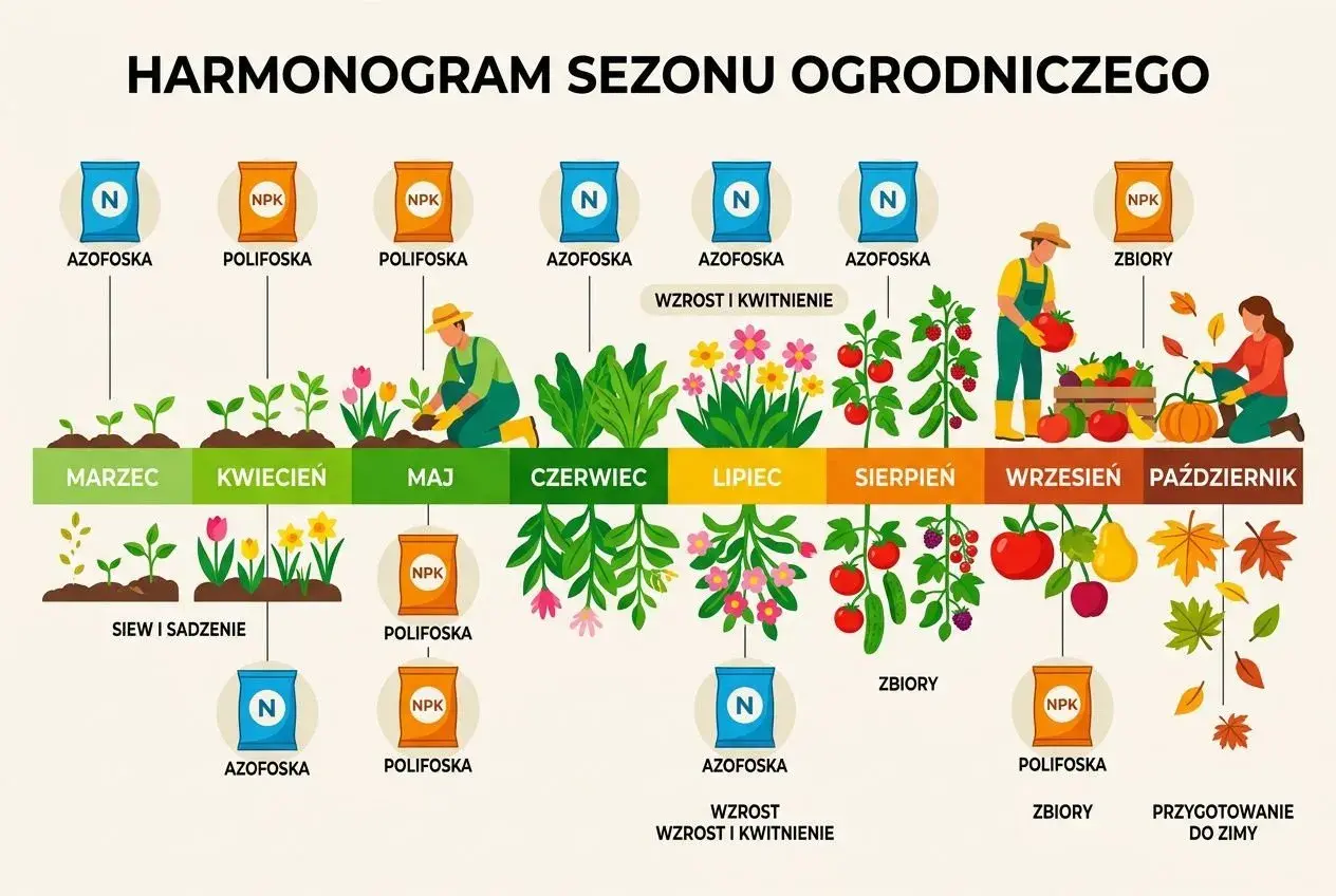Harmonogram nawożenia: Polifoska idealna do kwitnienia w maju i zbiorów we wrześniu. Azofoska wspiera wzrost od marca.
