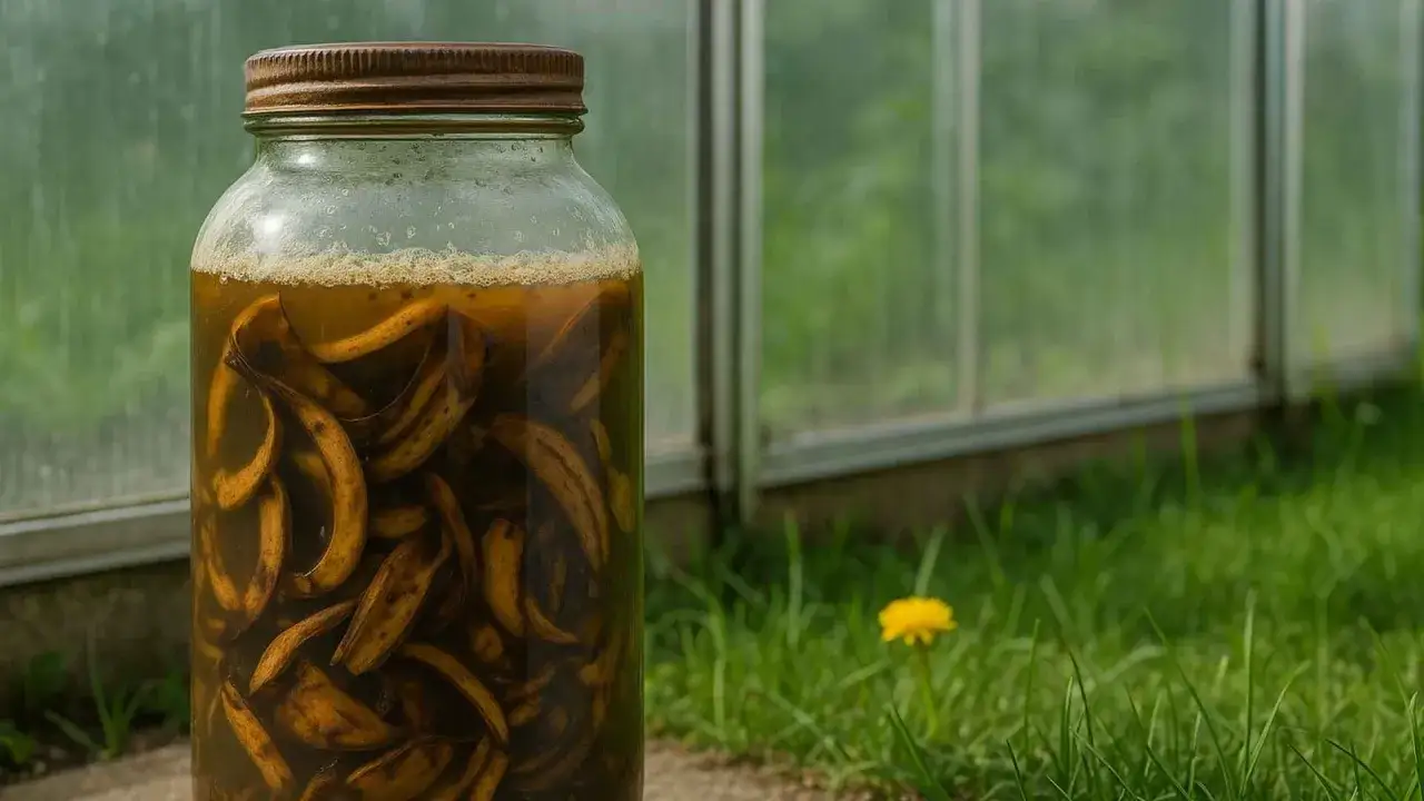 Słoik z bananowymi skórkami, przygotowywany jako naturalny nawóz z banana. W tle zielona szklarnia i trawa z żółtym kwiatkiem.