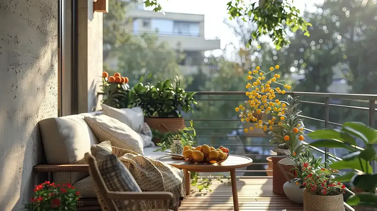 Słoneczny balkon po remoncie, z wygodną sofą, stolikiem z owocami i mnóstwem zieleni. Idealne miejsce na relaks.